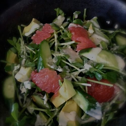 grapefruit, avocado, cucumber and pea shoot salad 