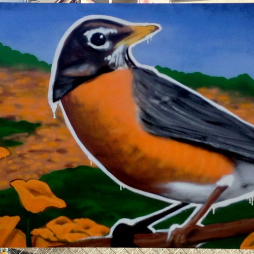 Robin with California poppies. 4'x8' panel.