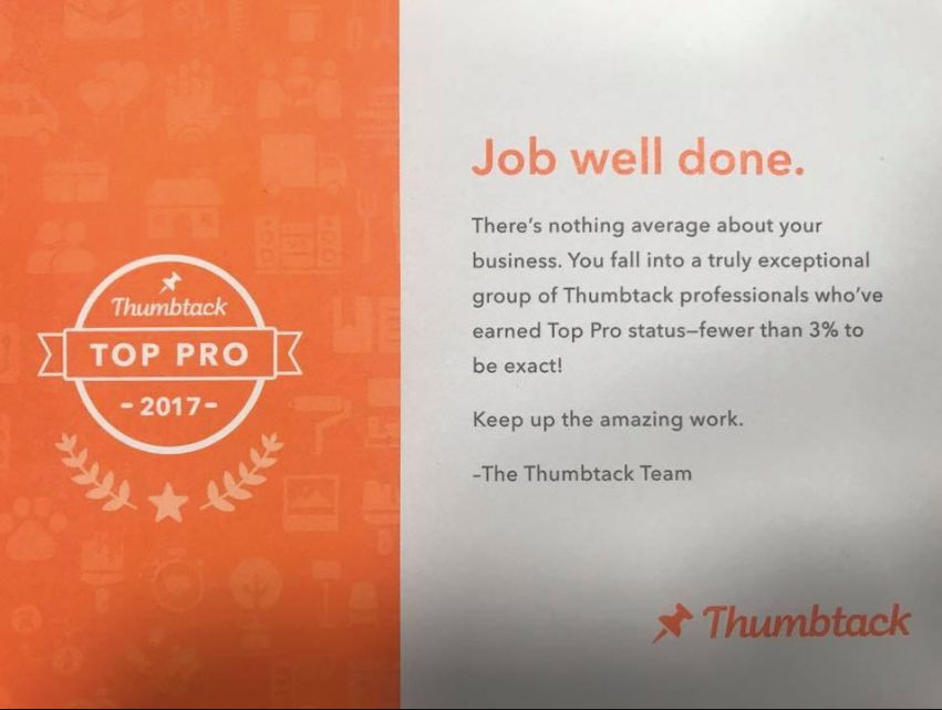 I was recognized by Thumbtack as a Top Pro!