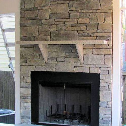 EP Henry, stone veneer fire place, mantle and hear