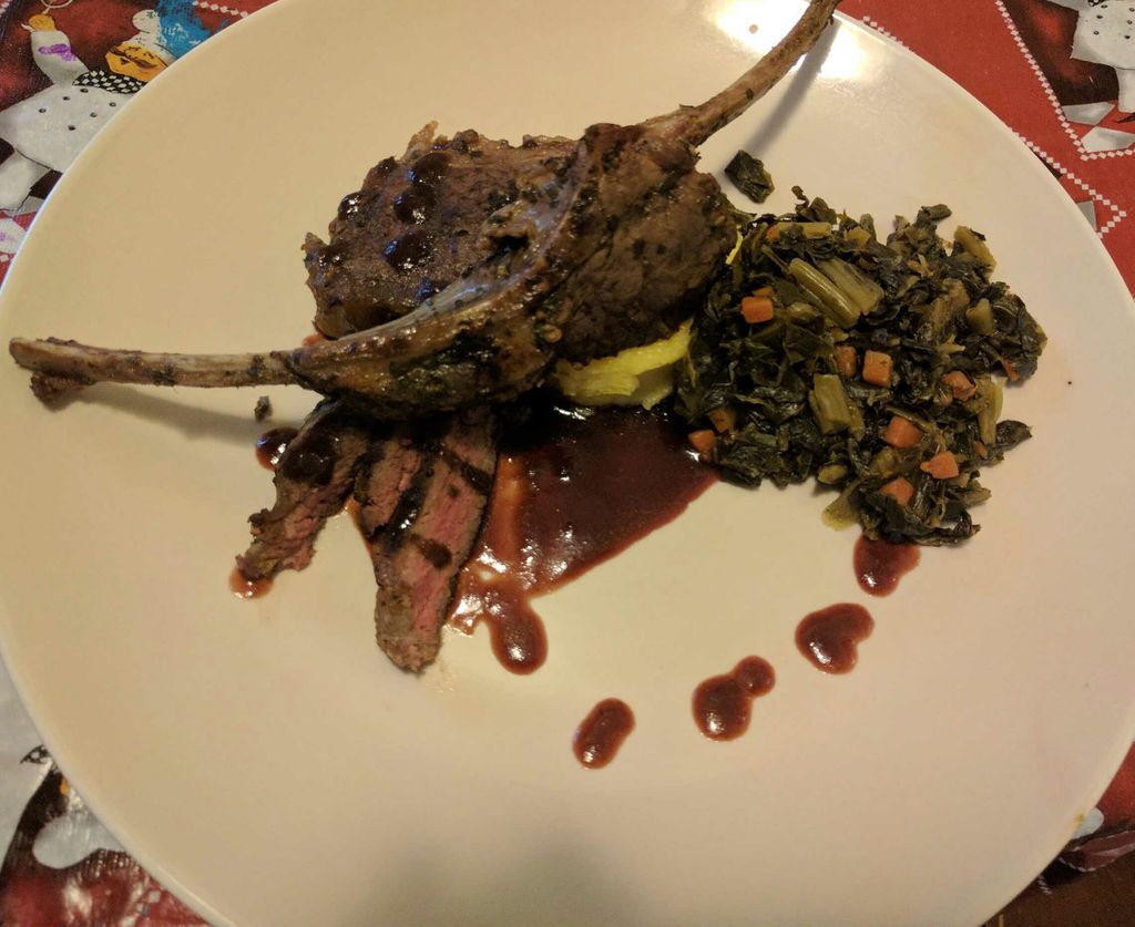 Lamb over Polenta Cakes with Spicy Greens and Port