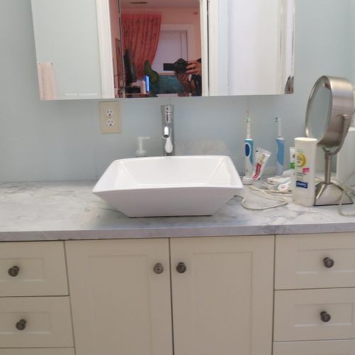 New vanity, vessel sink and faucet, medicine cabin