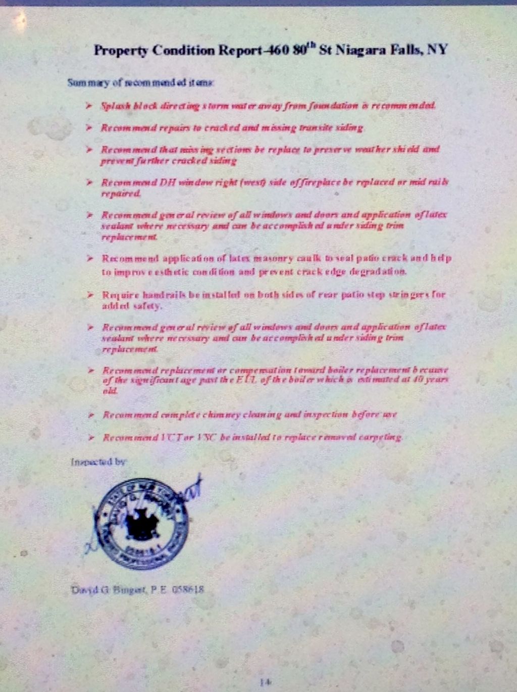 Report summary of recommendations to noted deficie