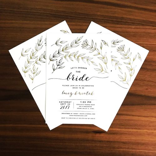 Minimalistic gold foil bridal shower invitations.