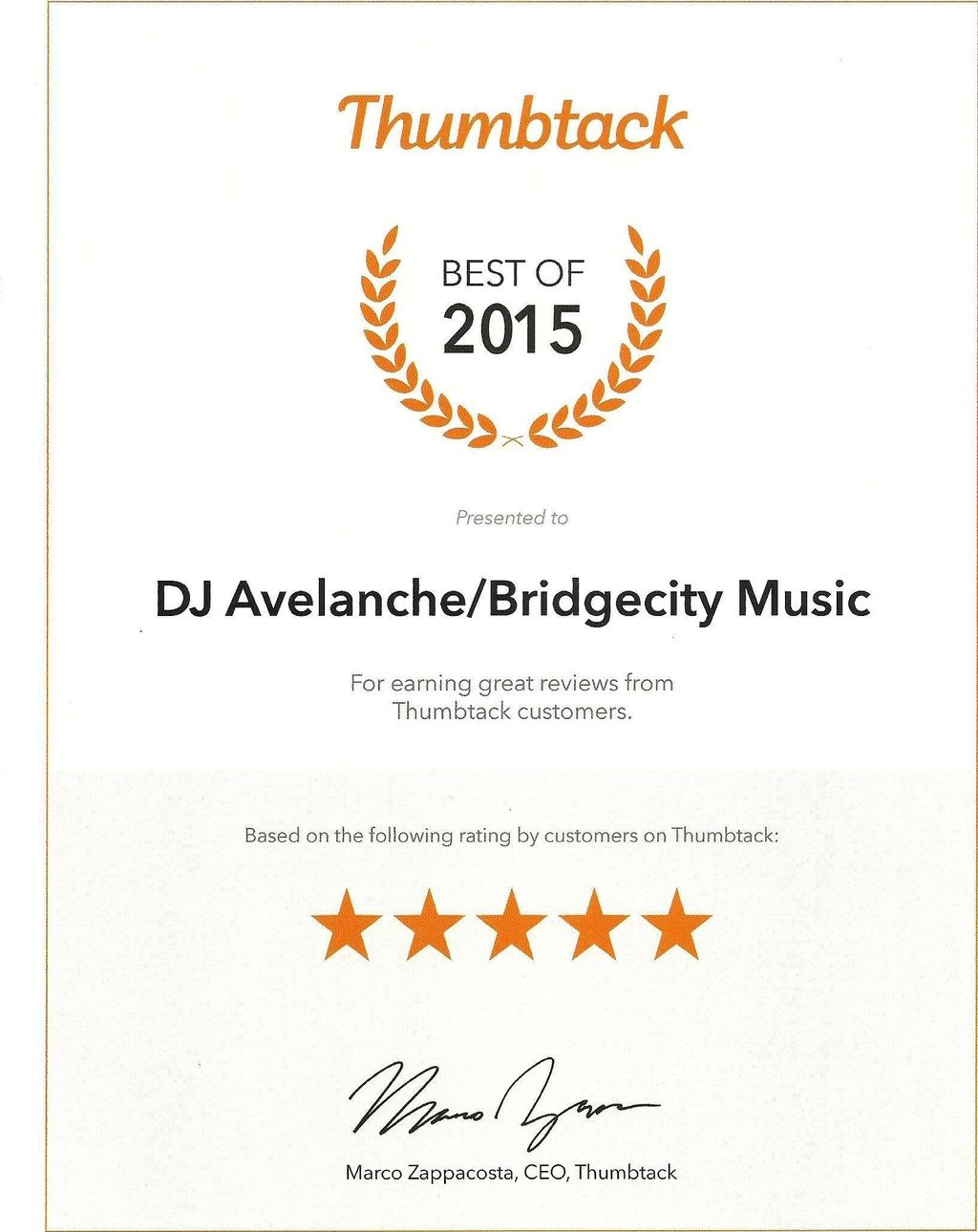 Best of 2015 Award from Thumbtack