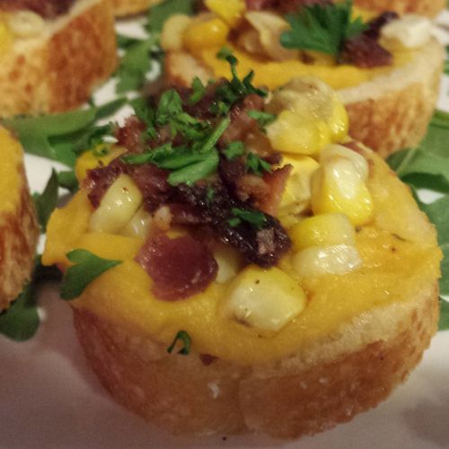 Crostini with a puree of butternut squash and sage