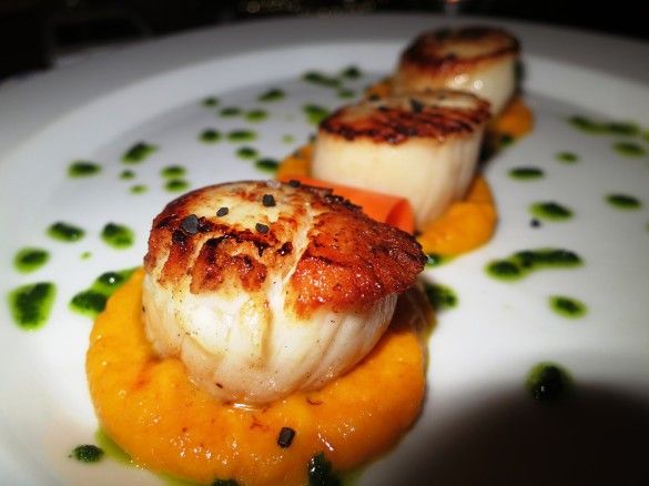 Seared Scallops, Carrot & Yam puree, pesto Drissel