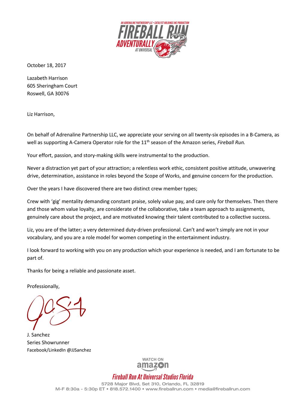 Review letter from the Creator and Producer of 11 
