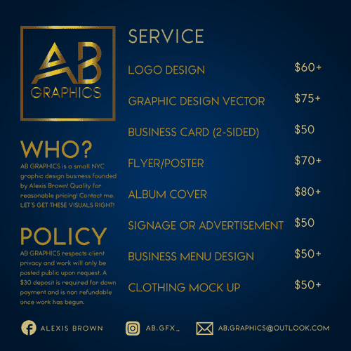 Service Menu for AB GFX. Prices may vary and are n