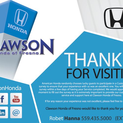 A thank you card we designed for Clawson Honda