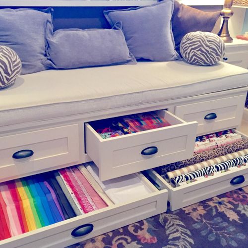 Custom designed day bed including wrapping storage