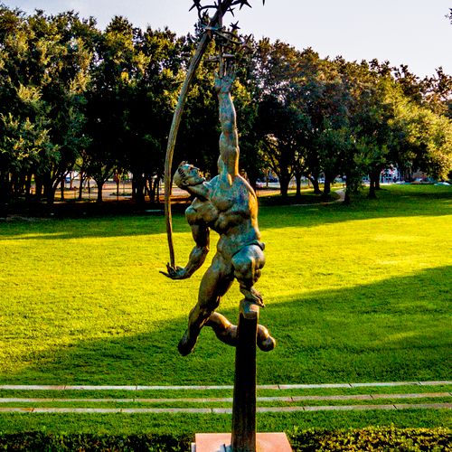 "Rocket Thrower" statue shot with aerial drone.
