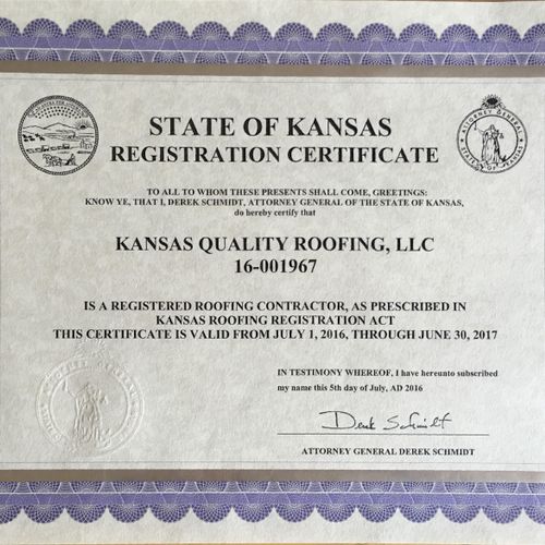 Kansas Quality Roofing is a registered roofing con