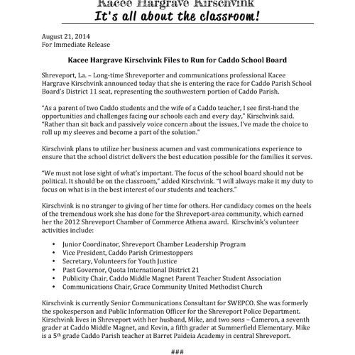 Press release announcing candidacy.