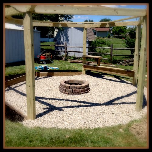 6 sided open top fire pit pergola, with built in b