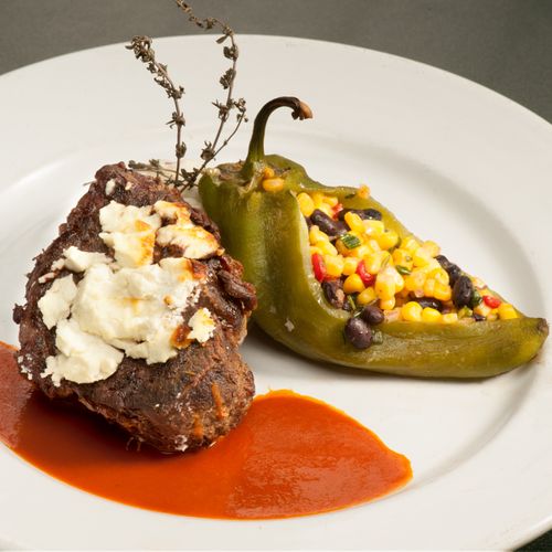 filet with red chili demi and goat cheese, stuffed