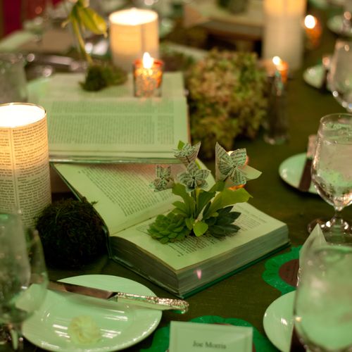 Storybook inspired table decor where actual books 