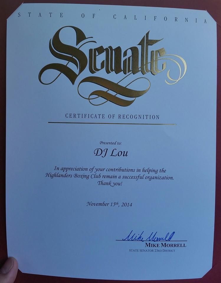 Certificate of Recognition from the Senator.