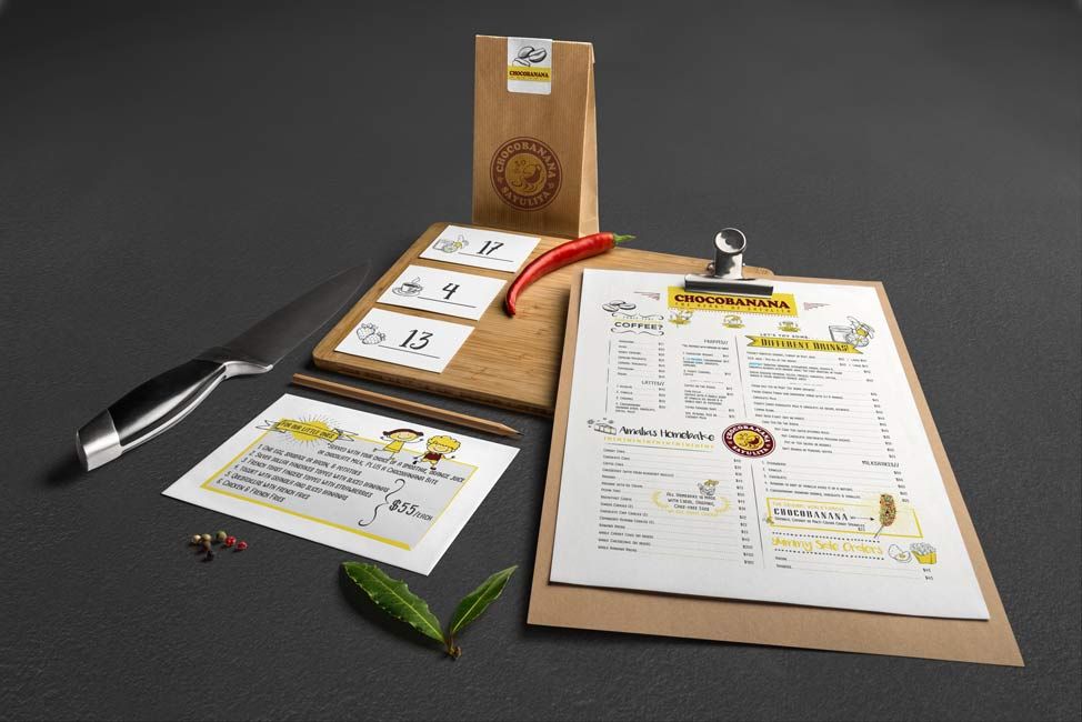 Menu design and illustration for ChocoBanana, a Sa