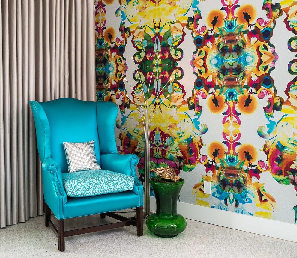 Wallpaper, custom drapery, re-upholstery & leg ref