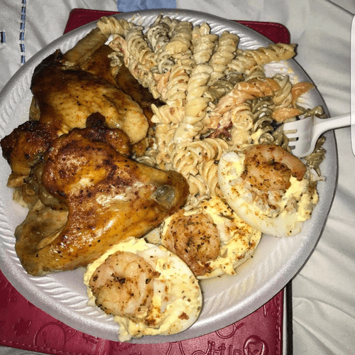 Honey bbq wings, pasta salad and seafood deviled e