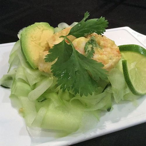 Cilantro and Avocado Shrimp on a bed of shaved cuc