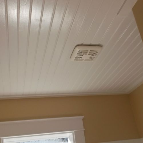 Beadboard ceiling installed on bathroom renovation