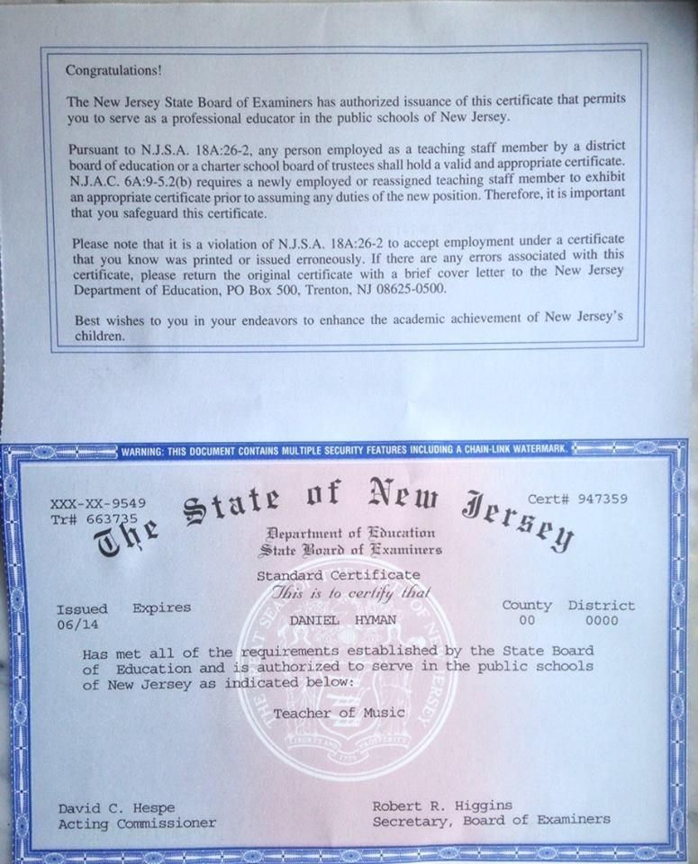 NJ state standard teaching certification