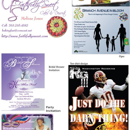 Business Card, Flyer, Tee-shirt design, 
Party Inv