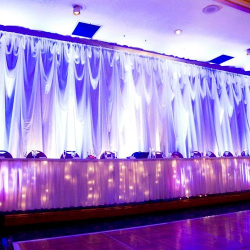 Uplighting on drapes behind headtable and lighting