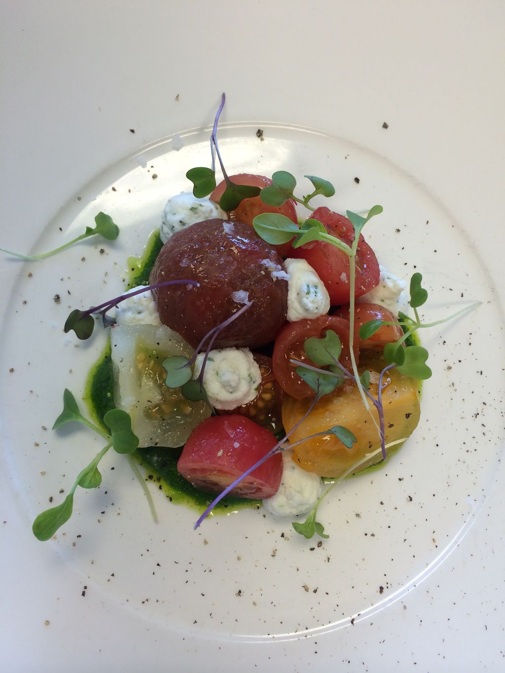 Tomato salad, herbed ricotta, arugula pesto