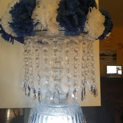 Royal blue and white chandelier centerpiece