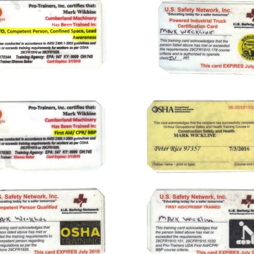 Certs in: OSHA 10, fork lift, First Aid/CPRBBP Tra