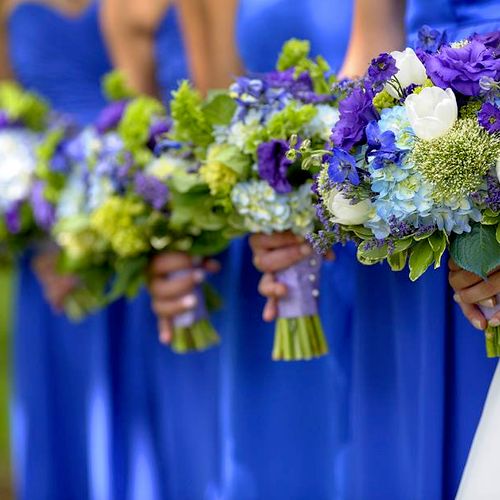 Beautiful blues, greens and purples in bouquets