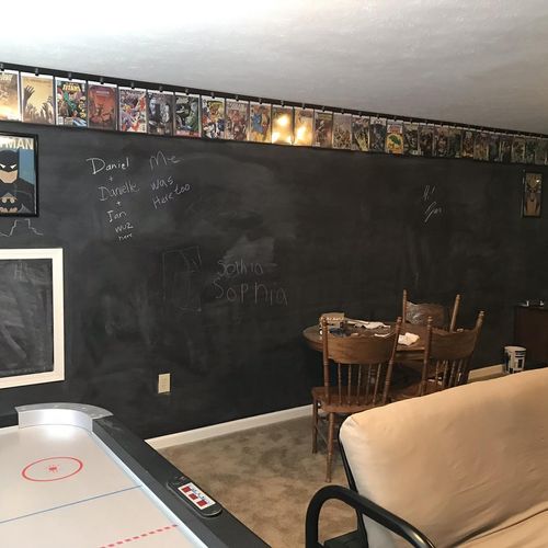 Gamer client who wanted a huge chalkboard wall.  H