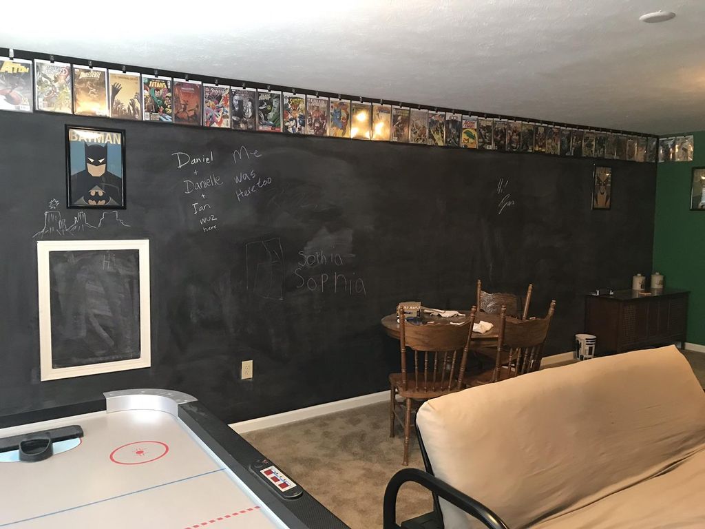 Gamer client who wanted a huge chalkboard wall.  H