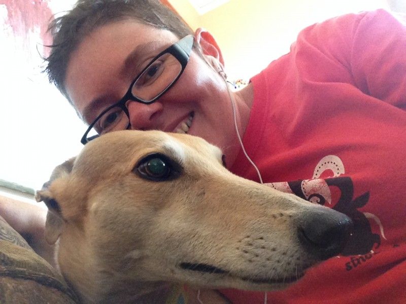 me and millie the greyhound. millie and her curren
