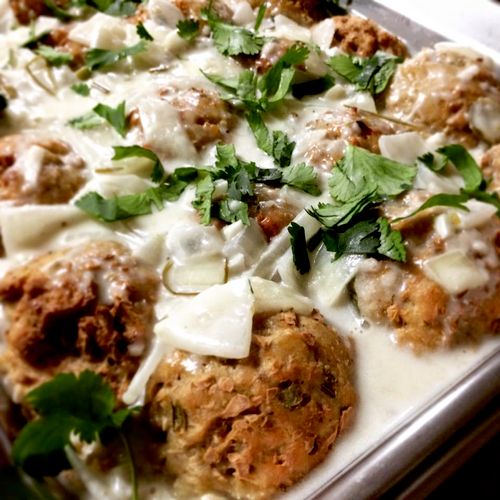 Mexican "meat"balls in a creamy jalapeno sauce.