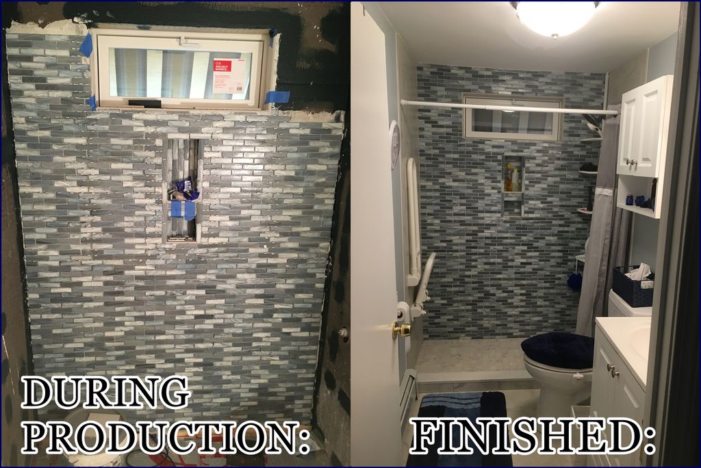 Bathroom with new tiles, cabinet, sink and toilet