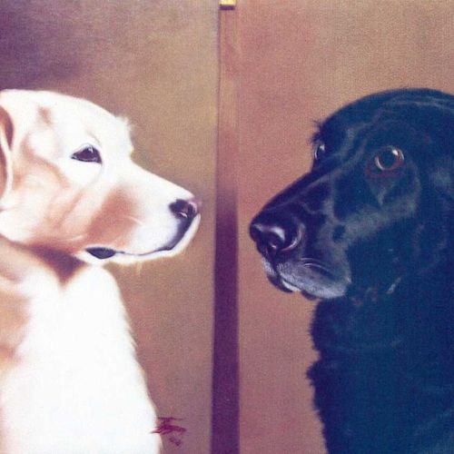 Oil portraits of a white mixed and a black lab.   