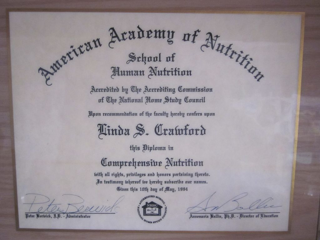 Graduated from American Academy of Nutrition with 