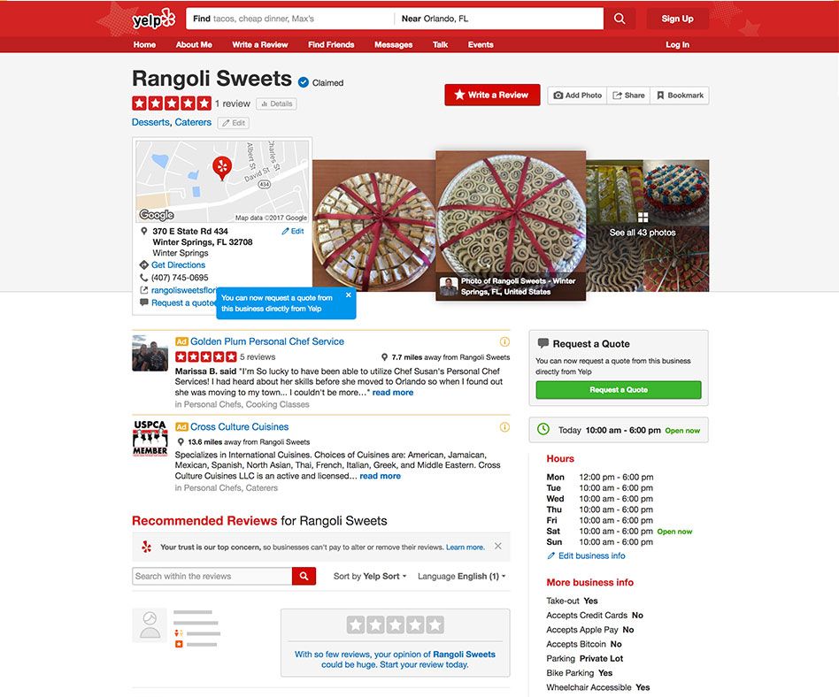 Rangoli Sweets Local Listing (Yelp)