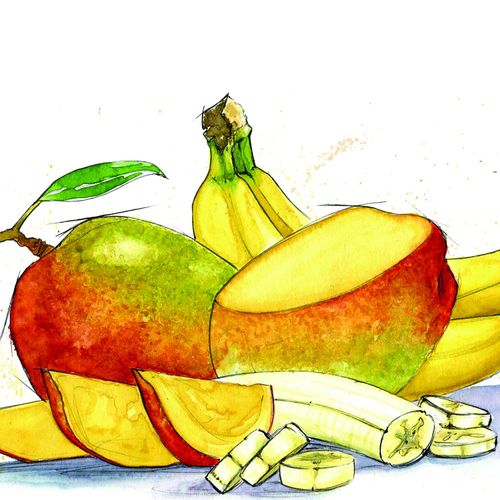 Water color Illustration for banana mango pancakes