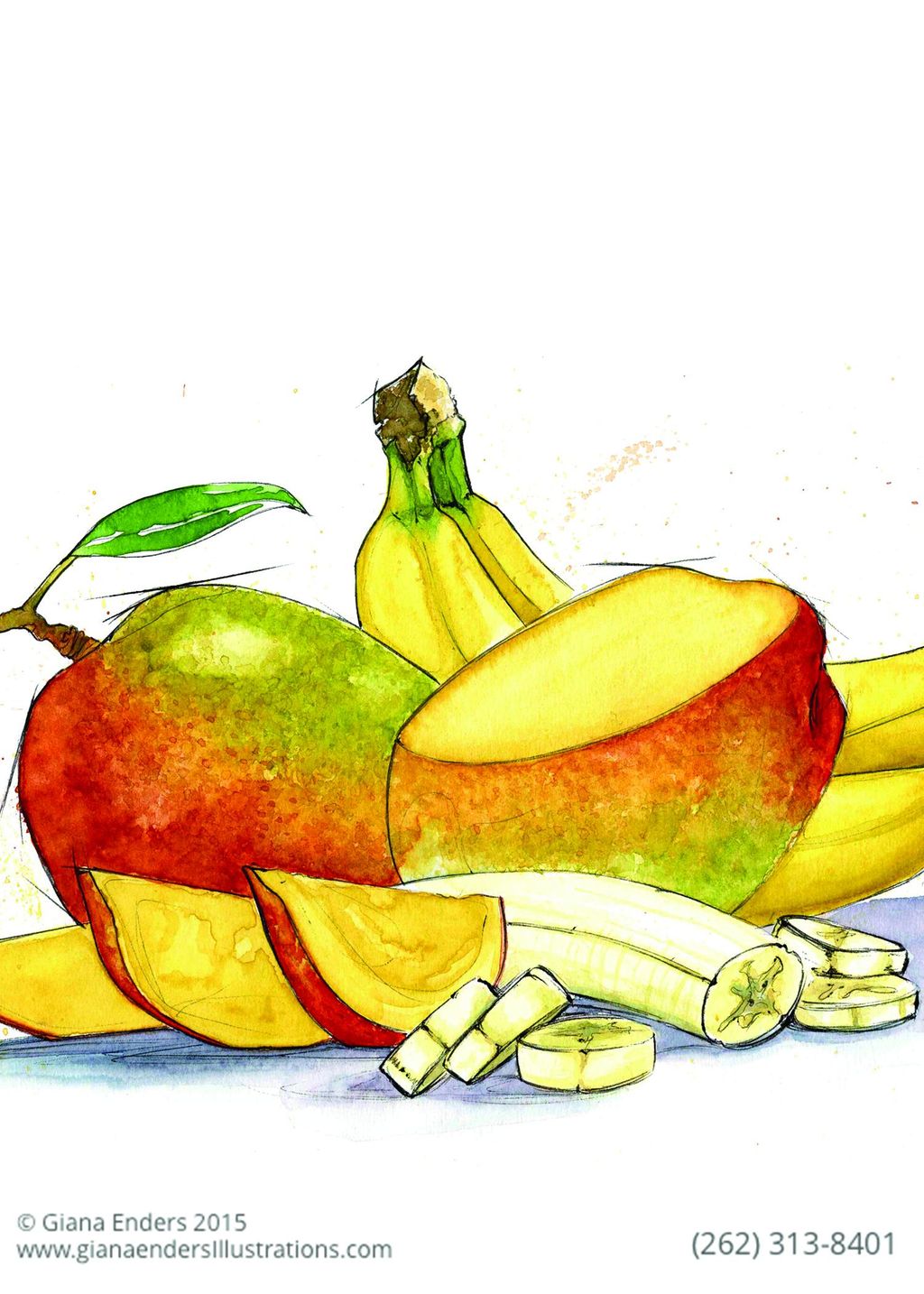Water color Illustration for banana mango pancakes