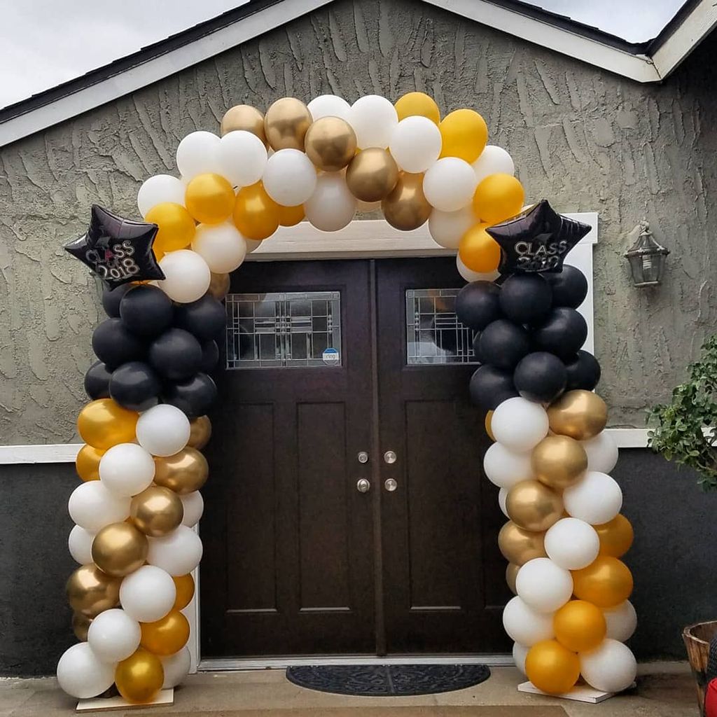 2 Gold Tone W/White  balloon Arch with a dash of B