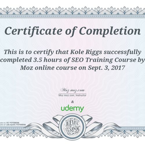 Search Engine Optimization MOZ certification of co