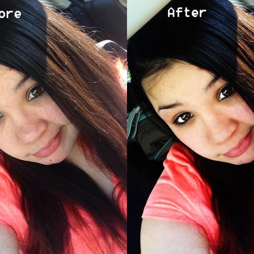 Before/After images, blemishes removed, sharper ey