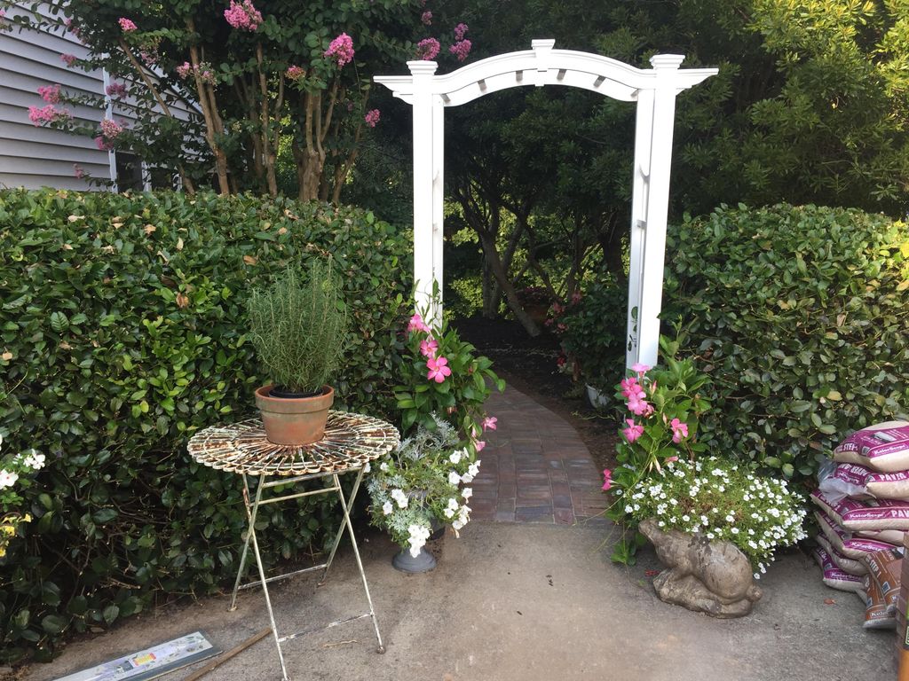 New Arbor installed, bushes trimmed, and new paver