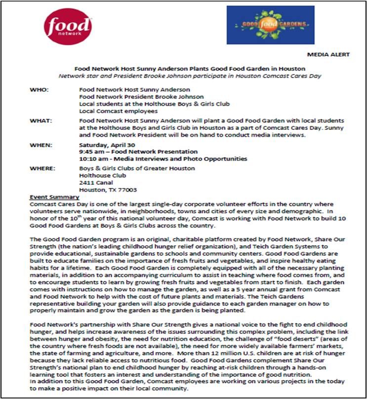 Media Alert for celebrity community relations appe