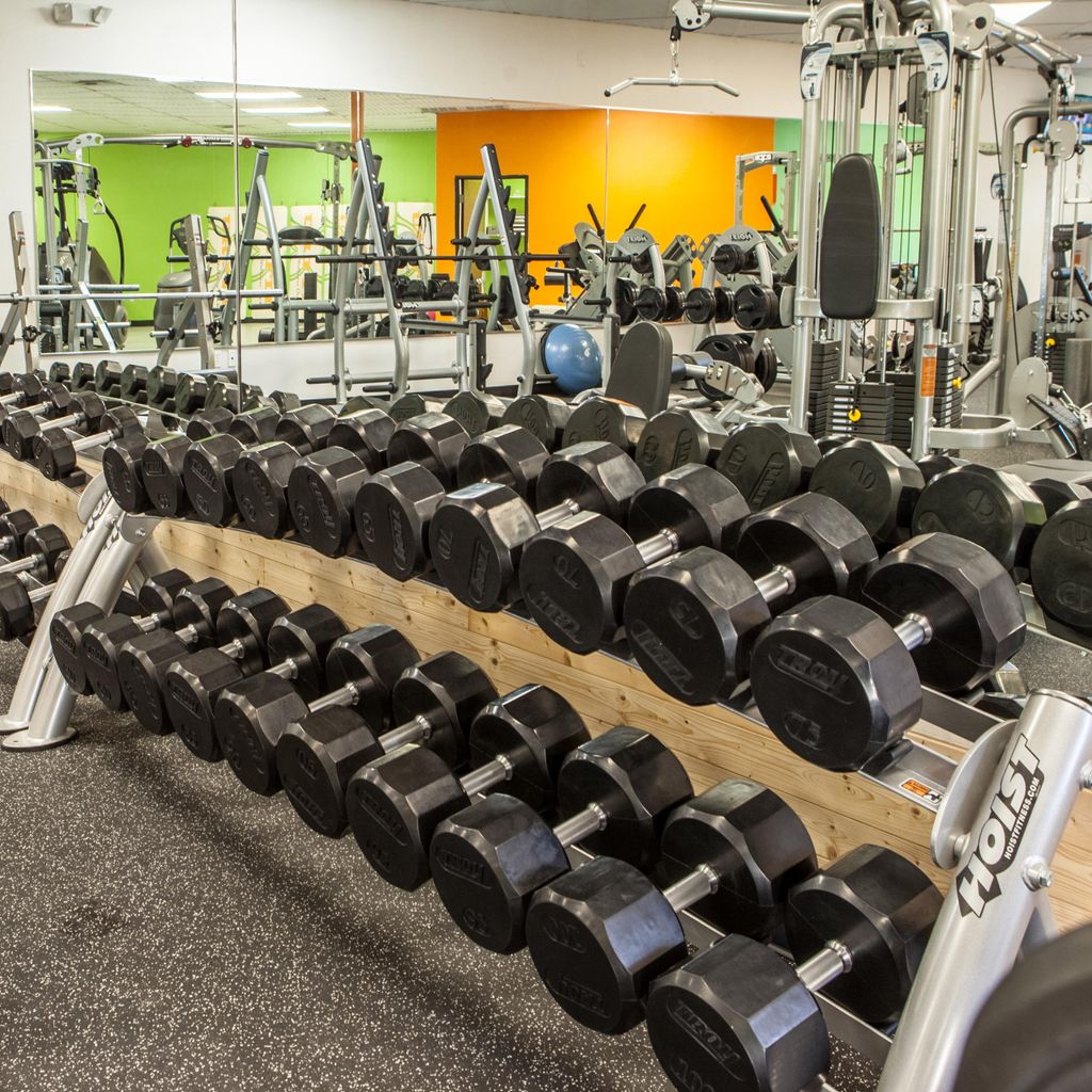 Rack of free weights ranging from 3lbs to 100lb du